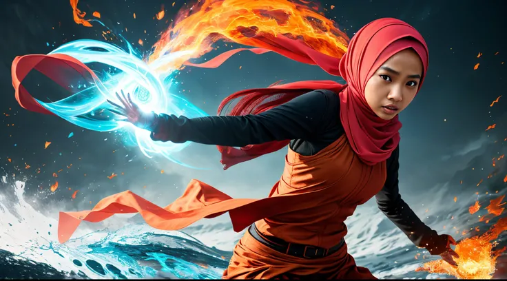 Compose a scene of a Malay girl in hijab harnessing elemental powers—fire, water, or wind. Freeze the action as she clashes with these elements, creating a dynamic and visually striking composition. Use vivid colors to enhance the elemental effects.