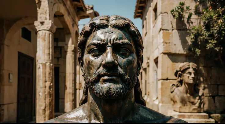 Ancient Stoic Statue With Very Angry Expression, tem barba, muitos detalhes em ambos os olhos, Outside, fundo atenas grego, open sky, com rosto extremamente detalhado full body view, Colors with low saturation with dark tone, Filmado em Sony A7S III com So...