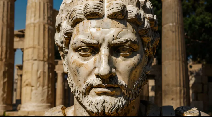 Ancient Stoic Statue With Very Angry Expression, tem barba, muitos detalhes em ambos os olhos, Outside, fundo atenas grego, open sky, com rosto extremamente detalhado full body view, Colors with low saturation with dark tone, Filmado em Sony A7S III com So...