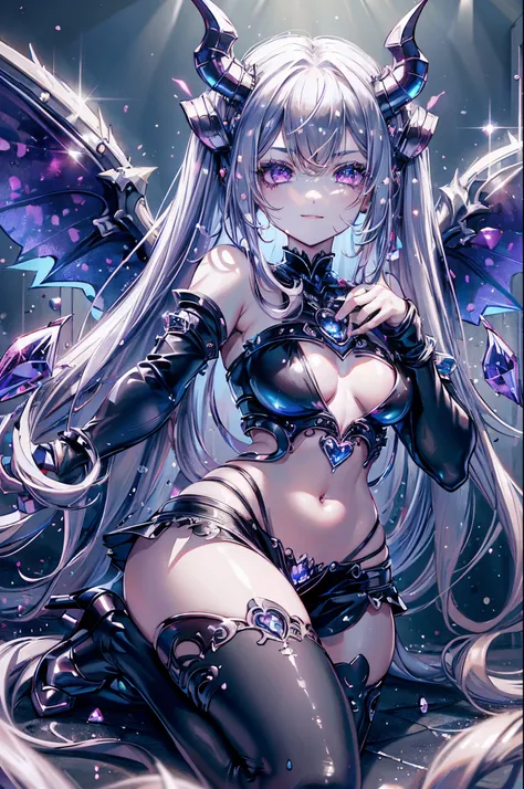 Best Quality, 8K, 1 girl, Succubus, Wings, Solo, Little Girl, Silver hair, Long wavy hair, Pink eyes, hair between eye, Small breasts, Crop_Top, Mini skirt, Black legwear, Cheeky child, lightsmile, Smirk, tiarra、sapphires、blue gemstone、Black latex、demonic ...