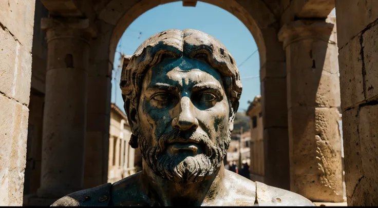 Ancient Stoic Statue With Very Angry Expression, tem barba, muitos detalhes em ambos os olhos, Outside, fundo atenas grego, open sky, com rosto extremamente detalhado full body view, Colors with low saturation with dark tone, Filmado em Sony A7S III com So...