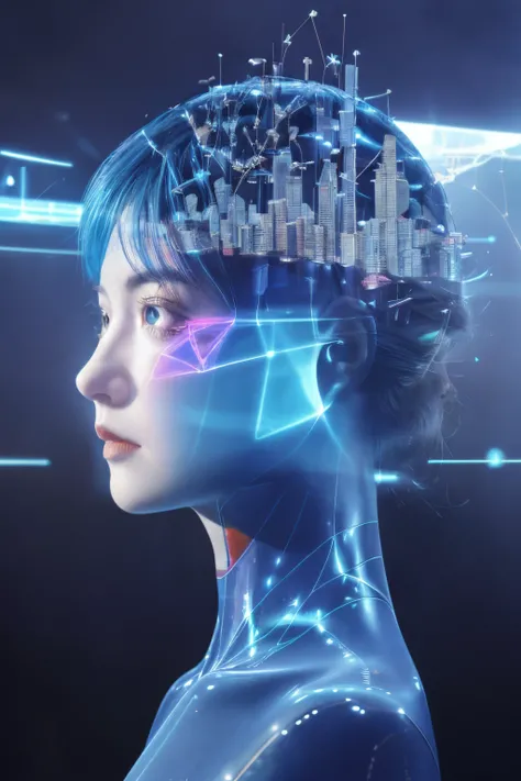 Dublakes style，Mecha girl virtual holographic digital avatar，Futuristic city virtual holographic digital image prospect，（multiple exposure：1.8），Complex illustrations in surrealist art style，Surreal dreams，Become an invisible virtual hologram，Transparent pe...