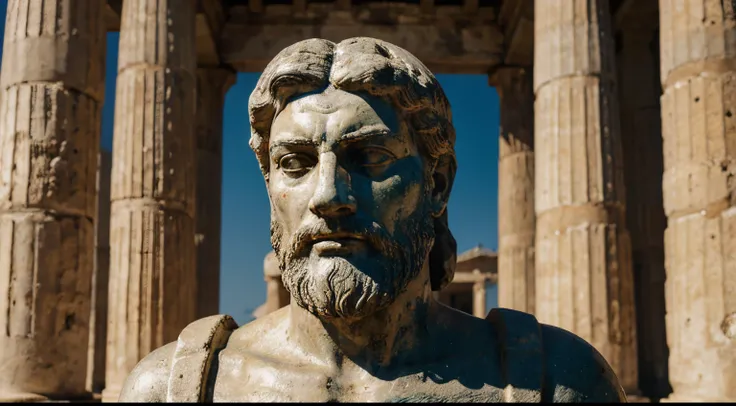 Ancient Stoic Statue With Very Angry Expression, tem barba, muitos detalhes em ambos os olhos, Outside, fundo atenas grego, open sky, com rosto extremamente detalhado full body view, Colors with low saturation with dark tone, Filmado em Sony A7S III com So...