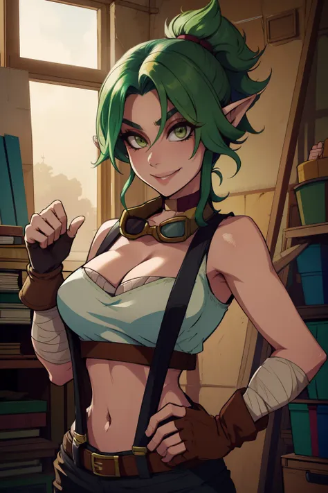 kiera, green hair, pointy ears, green eyes, two-tone hair , solo, standing, smiling, hands crossed behind, upper body, 
cleavage...