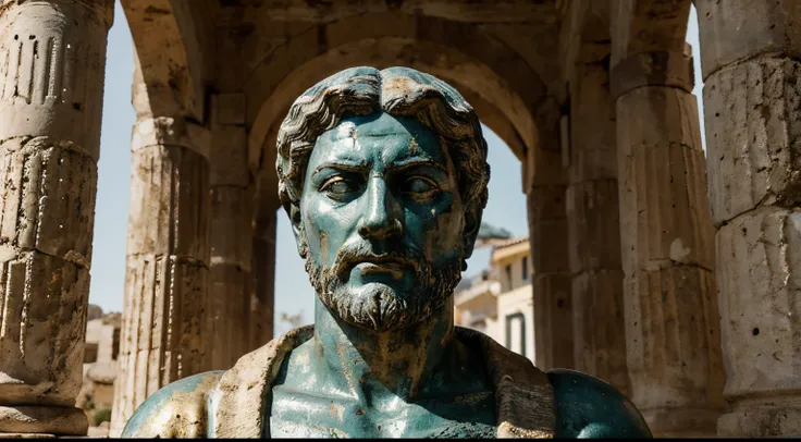 Ancient Stoic Statue With Very Angry Expression, tem barba, muitos detalhes em ambos os olhos, Outside, fundo atenas grego, open sky, com rosto extremamente detalhado full body view, Colors with low saturation with dark tone, Filmado em Sony A7S III com So...