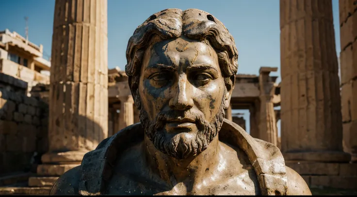 Ancient Stoic Statue With Very Angry Expression, tem barba, muitos detalhes em ambos os olhos, Outside, fundo atenas grego, open sky, com rosto extremamente detalhado full body view, Colors with low saturation with dark tone, Filmado em Sony A7S III com So...