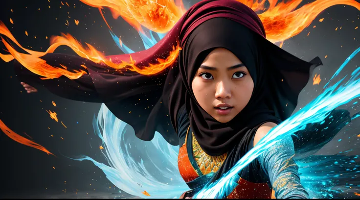 Compose a scene of a Malay girl in hijab harnessing elemental powers—fire, water, or wind. Freeze the action as she clashes with these elements, creating a dynamic and visually striking composition. Use vivid colors to enhance the elemental effects.