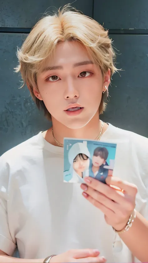 a close-up of a person holding a card with a photo of a person, Cai Xukun, Taehyung comendo batatas fritas Gucci, inspirado em Bian Shoumin, Jungkook, Hyung Tae, Bts, Todos do Grupo NCT, TaeJune Kim, inspirado em Kun Can, Kim Doyoung, taken in the early 20...