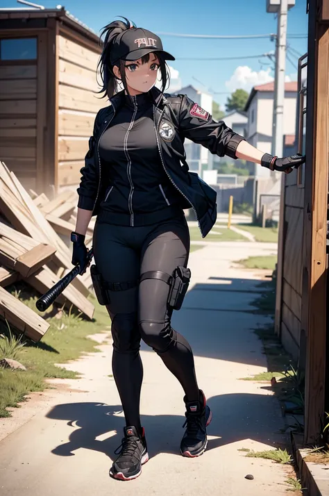 beautiful girl, baseball cap, ponytail hair, snickers, weapon, 1 girl, full body, 8K, gloves, tactical, sport jacket, operator, warzone, sport pants, black hair