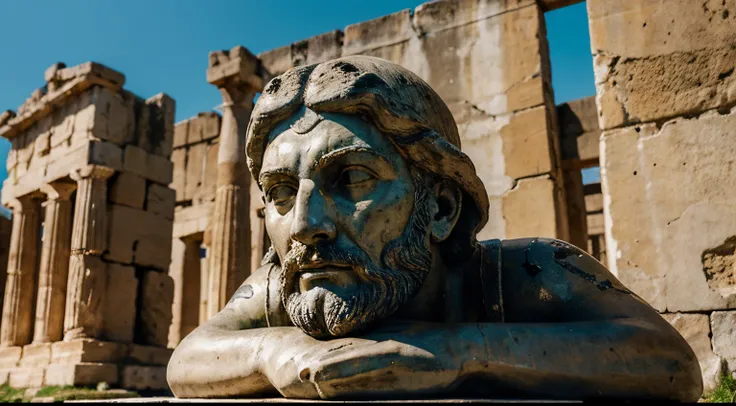 Ancient Stoic Statue With Very Angry Expression, tem barba, muitos detalhes em ambos os olhos, Outside, fundo atenas grego, open sky, com rosto extremamente detalhado full body view, Colors with low saturation with dark tone, Filmado em Sony A7S III com So...