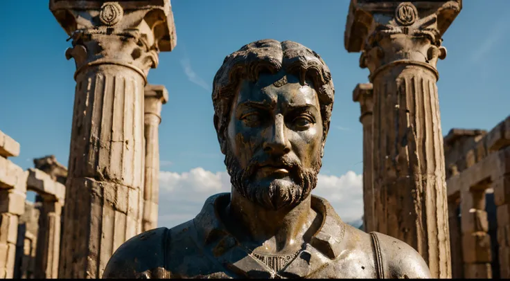 Ancient Stoic Statue With Very Angry Expression, tem barba, muitos detalhes em ambos os olhos, Outside, fundo atenas grego, open sky, com rosto extremamente detalhado full body view, Colors with low saturation with dark tone, Filmado em Sony A7S III com So...