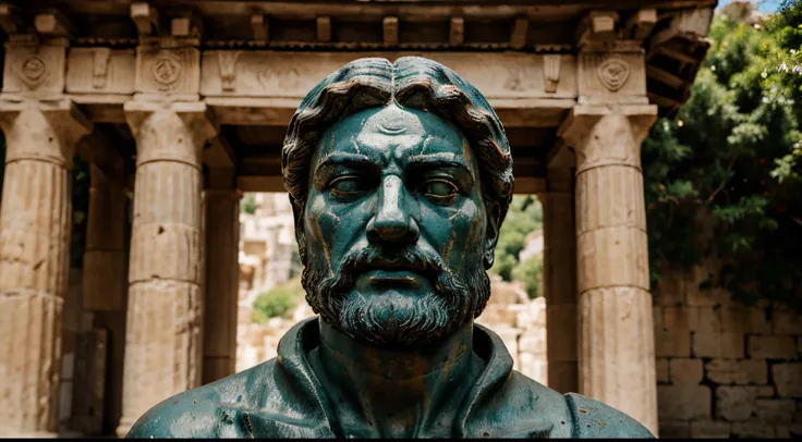 Ancient Stoic Statue With Very Angry Expression, tem barba, muitos detalhes em ambos os olhos, Outside, fundo atenas grego, open sky, com rosto extremamente detalhado full body view, Colors with low saturation with dark tone, Filmado em Sony A7S III com So...