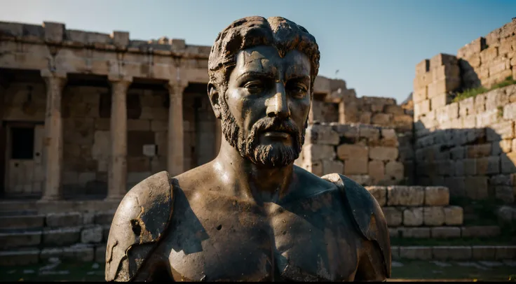 Ancient Stoic Statue With Very Angry Expression, tem barba, muitos detalhes em ambos os olhos, Outside, fundo atenas grego, open sky, com rosto extremamente detalhado full body view, Colors with low saturation with dark tone, Filmado em Sony A7S III com So...