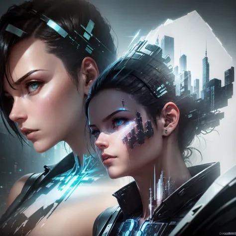 (Doubleexposure:1.5)，Cyberpunk war scene，Cidade futuristica，Girl head portrait,Science fiction dreams in my mind，matrix，Mechanical joint，dream，dream，Fusion，stealth，ultra-realistic realism