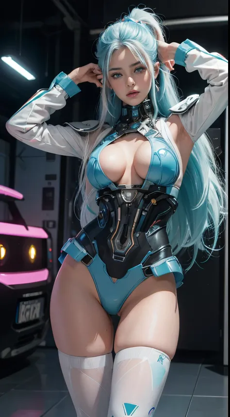 NSFW, 1girl, , cuerpo completo, cyberpunk, mecha, mechanics, (Obra maestra: 1.4), (8k, realista, Foto RAW, La mejor calidad: 1.4), Transparent nipple areola shape, grandes pechos, Chica japonesa, Hermosa cara linda, (Cara real: 1.4), Perfecto , hermoso pei...