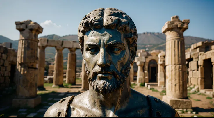 Ancient Stoic Statue With Very Angry Expression, tem barba, muitos detalhes em ambos os olhos, Outside, fundo atenas grego, open sky, com rosto extremamente detalhado full body view, Colors with low saturation with dark tone, Filmado em Sony A7S III com So...