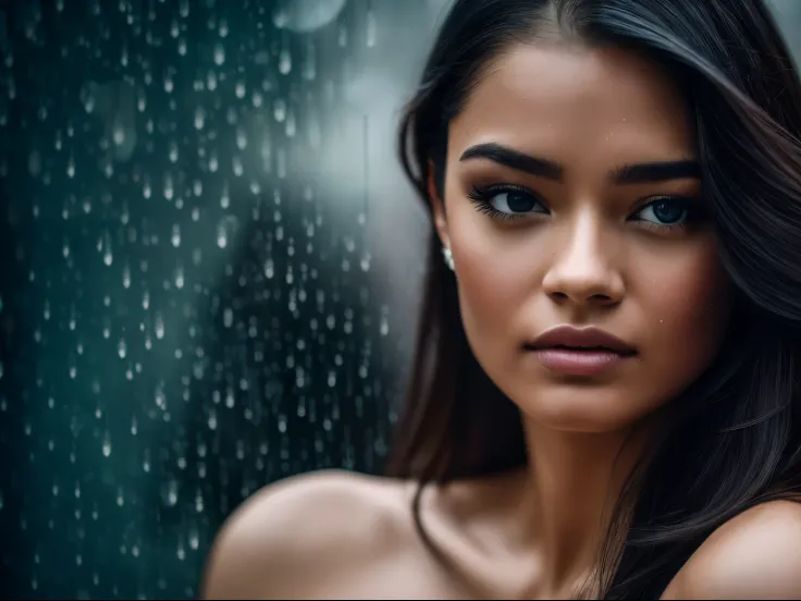 A captivating, high-drama portrait of an extremely beautiful woman, raind drop background, in the style of hyperrealist, selective focus, hall of mirrors, bokeh, hyper-realistic portraits, mysterious and dreamlike scenes, fragmented portraitures. Shot with...