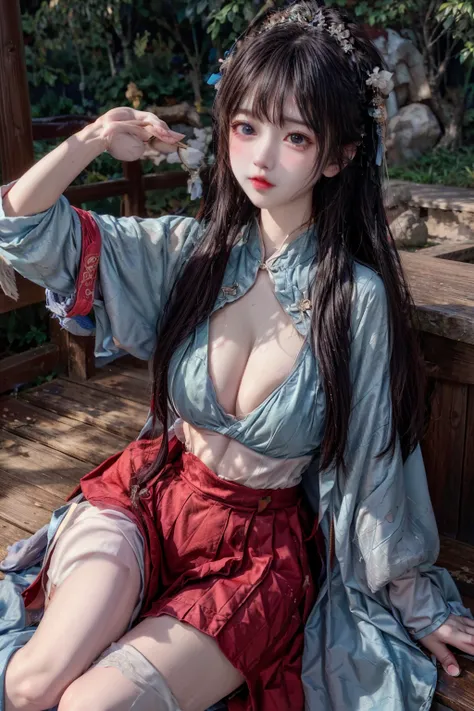 Wet-breasted Hanfu  dynasty open V-chested clothes royal, All pictures, Wet body of thin silk fabric, Thin silk lace petticoat,princess 8 yeald old cute, (huge boobs，cleavage),petticoat, white pink, blue ，best qualtiy，tmasterpiece，超高分辨率，（真实感：1.4），RAW photo...