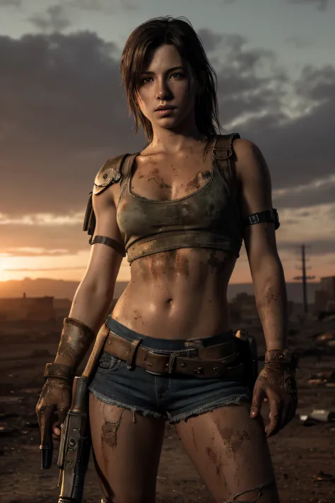 ​masterpiece, ultra detailed, 8K, Raw photo, Realistic light, Cinematic composition, Realistic face, Realistic skin, full body shot, 18 years old Tifa Lockhart, on the exploited and rusty tank, tattered and dirty clothing, postapocalyptic wastlands with ri...