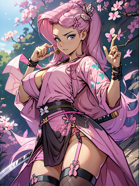 Fluttershy, Fluttershy of my little pony, big breastes, Lush breasts, elastic breasts, exuberant hair, rose hair, samurai, kimono , Serious, Katana in hand, big iron katana, very long katana, emphasis on the sword, shiny sword, view from bottom, Foreshorte...