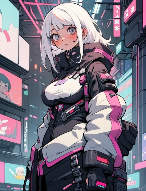 Anime girl. White hair, chubby, boobs undressed, cyberpunk