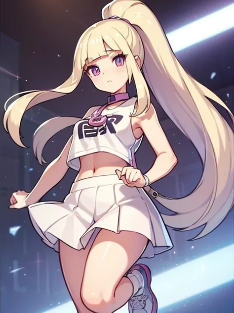 Pokemon, 1 girl, porcelain skin, large light purple doe eyes, long straight platinum blonde hair in a ponytail and side bangs, plump body, white crop top, beige high-waisted skirt, white high socks, light brown moccasins, shoulder bag with key chains on it...