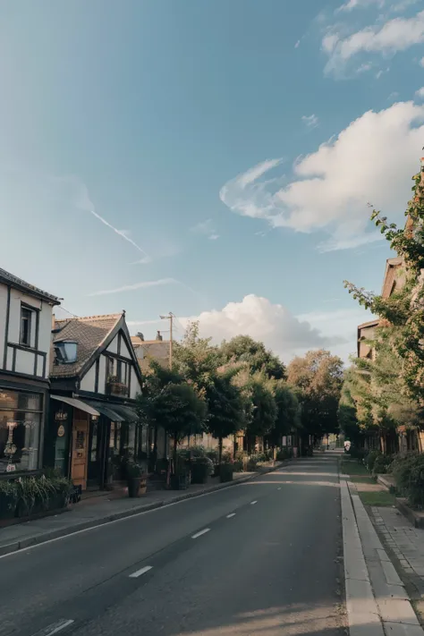 Szene in einer Stadt, Radfahrwege, Cafes, Trees along the road, green houses