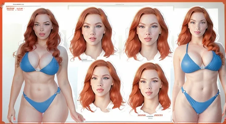 Female original character reference sheet adoptable, (masterpiece:1.4), ((illustration:1.2)), (photorealistic:1.3), (best quality), (extremely high detail), Austin White, ((red hair)), ((blue eyes)), huge breasts, thigh muscles, surprised, making oh face, ...