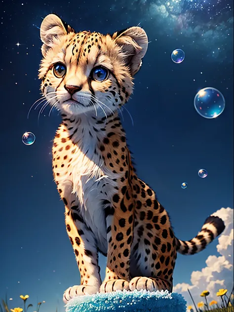 (Masterpiece), (Realistic), (best quality), (8K), UHD, hyper details, blue sky with clear stars, north light, playful baby cheetah with short legs, very happy, very cute, big eyes, very fluffy, (trying to catch butterflies), flying soap bubbles