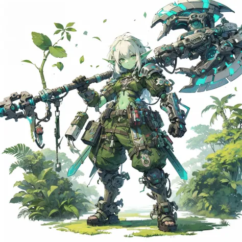 (masterpiece, best quality), ultra detailed, anime style, full body, solo, cyber punk female goblin, petite stature, white hair and pale green skin, holding up hi-tech HUGE GAIANT AXE, revealing cyber punk outfit, wearing sandal, stands in jungle area, dig...