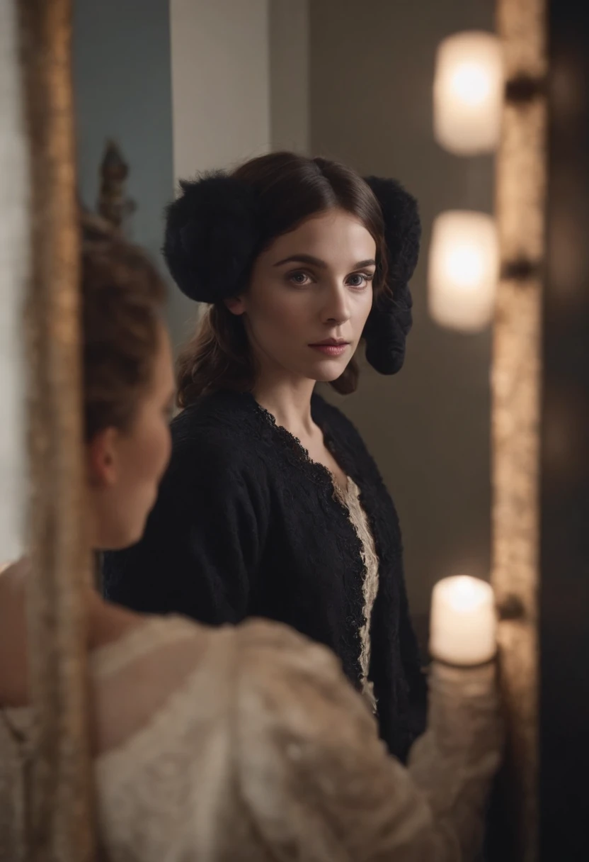 woman looking into a mirror and seeing a child dressed as a black sheep reflected back to her