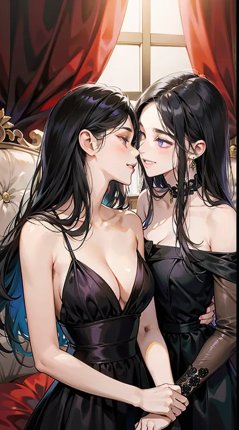 Lesbian，Female and female couple, 1 person 1 female, Hair color is the same, Long black hair and purple eyes, Long black hair and green eyes, 𝓡𝓸𝓶𝓪𝓷𝓽𝓲𝓬, Illuminated suites, Silk V-neck low-cut mini dress, European people, Luxury room background, grin face, ...