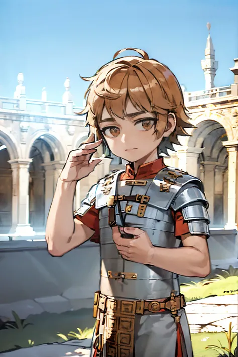 Young boy, brown hair, bob hair cut, wearing roman armor, glafiator armor, palace , marmore, European ancieth city, in morning, 4k, blue sky, roman flags, roman red flags, 4k, marmore edificios,