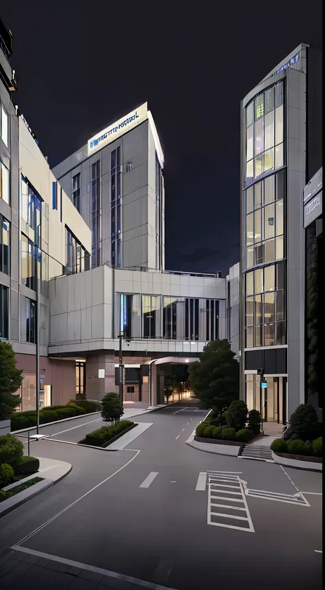 There is a picture of a building with a clock in front, hospital, Hospital em segundo plano, hospital lighting, digital render, night time, taken in the early 2020s, photo taken at night, Frontal, tiro exterior, arhitectural shot, hospital background, from...