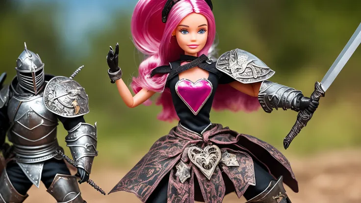 Barbie Doll  in Pink metal knight armour and shield and miniheart,dynamic action on battle field scene --auto --s2