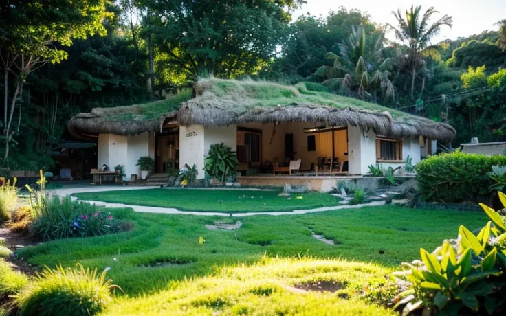 A photograph of a symmetrical contemporary house with (((green roof))) and (((biological pool))) in a tropical backyard, white plaster walls (((rustic clay stucco))), ((corner walls rounded)), ((rustic clay plaster)), (((white walls with rounded corners, o...