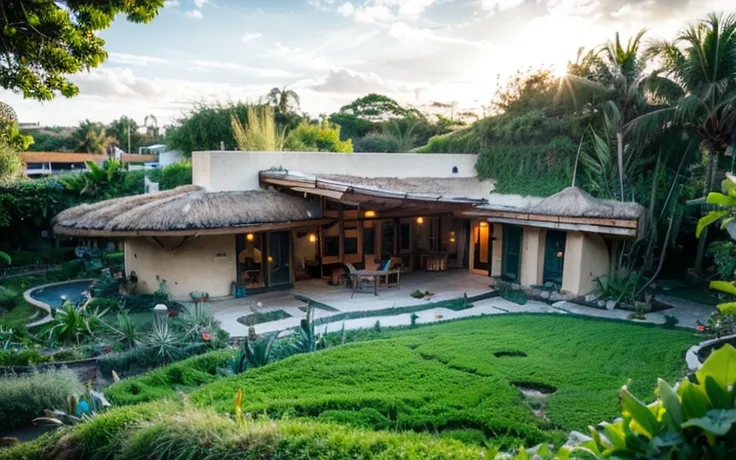 a photograph of a symmetrical contemporary house with (((green roof))) and (((biological pool))) in a tropical backyard, white p...