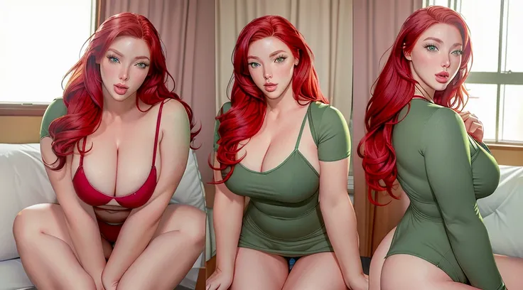 Female original character reference sheet adoptable, (masterpiece:1.4), (photorealistic:1.3), (best quality), (extremely high detail), Austin White, ((red hair)), ((Green eyes)), huge breasts, thigh muscles, surprised, making oh face, blushing, embarassed,...