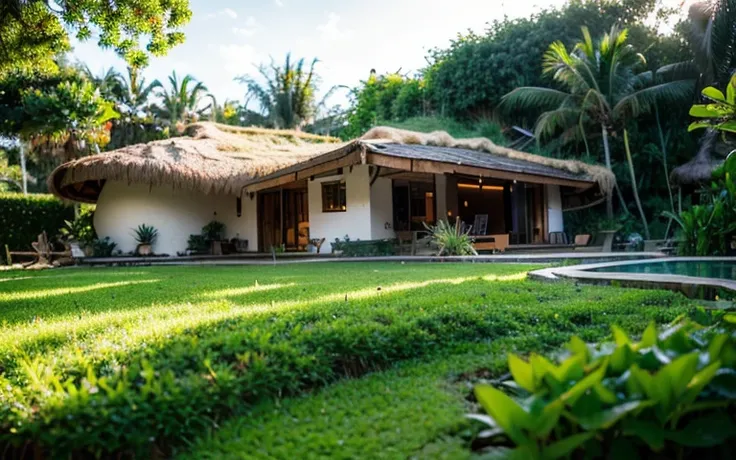 A photograph of a symmetrical contemporary house with (((green roof))) and (((biological pool))) in a tropical backyard, white plaster walls (((rustic clay stucco))), ((corner walls rounded)), ((rustic clay plaster)), (((white walls with rounded corners, o...