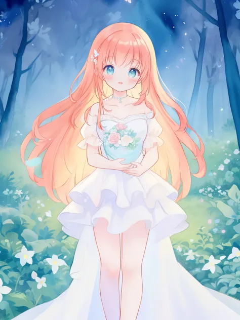 beautiful fairy girl in sparkling white ballgown, puffy flowing ballgown, sheer fluttering sleeves, ((glowing sheer layered dress)), long red gold hair, colorful fantasia background, delicate white flowers in her hair, watercolor illustration, glowing ligh...