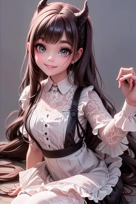 a close up of a demon girl smiling in a lace skirt and a lace shirt, smokey eyes makeup, white tights, she is wearing lace streetwear, collar, choke, pumps