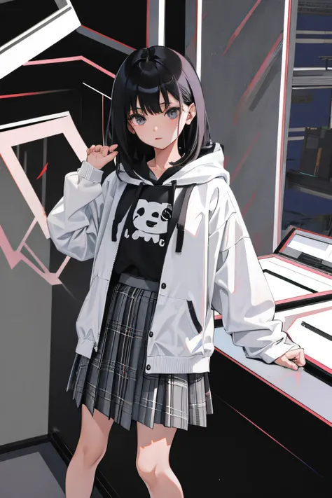 child，（​masterpiece，Highest Quality），(skirt rift)，Gray hoodie，plaid skirts，A dark-haired