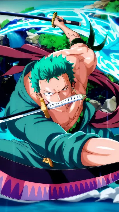 un homme aux cheveux verts et une épée dans un bateau, Roronoa zoro, d’une seule pièce, Style d’art d’une seule pièce, Chef-d’œuvre d’anime, Meilleur design de personnage d’anime, Déclencher un style artistique d’anime, Art officiel, Anime badass 8 k, une ...