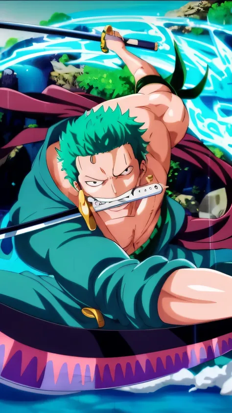 un homme aux cheveux verts et une épée dans un bateau, Roronoa zoro, d’une seule pièce, Style d’art d’une seule pièce, Chef-d’œuvre d’anime, Meilleur design de personnage d’anime, Déclencher un style artistique d’anime, Art officiel, Anime badass 8 k, une ...