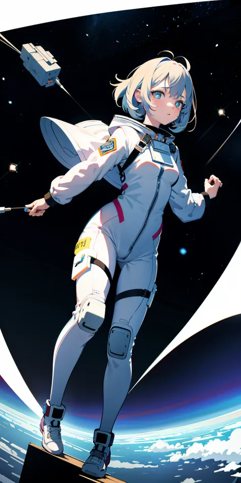 Absurd resolution, high resolution, (masterpiece:1.4), ultra-detailed, 1girl, in spacesuit and seen from above, space, floating, wide-angle lens distortion