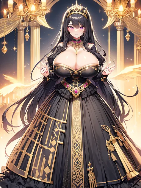 anime artstyle,Masterpiece,(Best Quality),(Super Detail),(Very Delicate and Beautiful),(Solo),((full body portrait)),full body,full body portrait,(detailed face and eyes),jewel-like beautiful eyes,((Decadent and arrogant queen)),Purple eyes,Bangs between e...