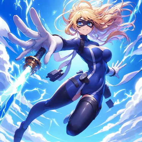 (masutepiece, of the highest quality), (Perfect athlete body: 1.2), (detailed hairs), ultra-detailliert, Anime style, Full body, Solo, psychic ninja girl, hero domino mask, High-leg shirts, Gloves and boots, Tricolor image color, blond hair and blue eyes, ...