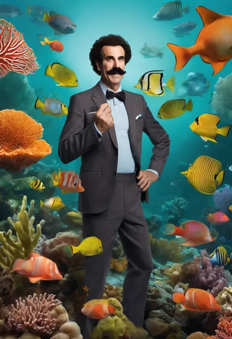 An image of Borat dressed as a scuba diver, exploring a colorful coral reef.,original,His appearance is marked by a distinctive mustache, a suit of gray or brown, and often a bright green thong swimsuit. He exhibits a strong Kazakhstani accent, and his hum...