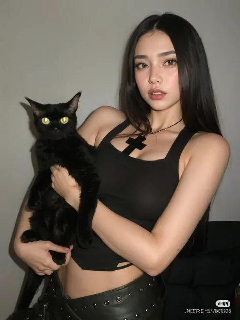 Araffe woman holding a black cat in her arms, cruel korean goth girl, portrait of a goth catgirl, 1 7 - year - old goth girl, menina gato atraente, gatinha jovem bonita, com preto, menina emo e seu gato, demon cat, O Deus das Trevas dos Gatos, pale goth be...