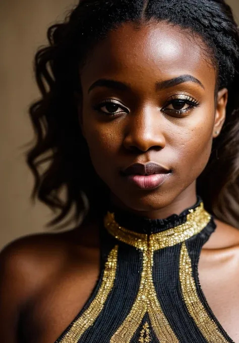 photo of a black woman wearing a black and gold dress, brown hair, (8k UHD:1.1), (film grain:1.1), (raw photo:1.1), full resolution, highly detailed skin, detailed hair, dslr, sharp focus, high definition, high quality photography, intricate